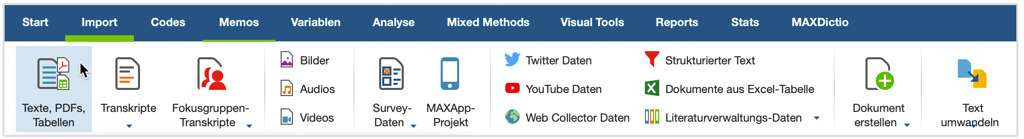Datenimport starten über den Tab „Import“ Datenimport starten über den Tab „Import“