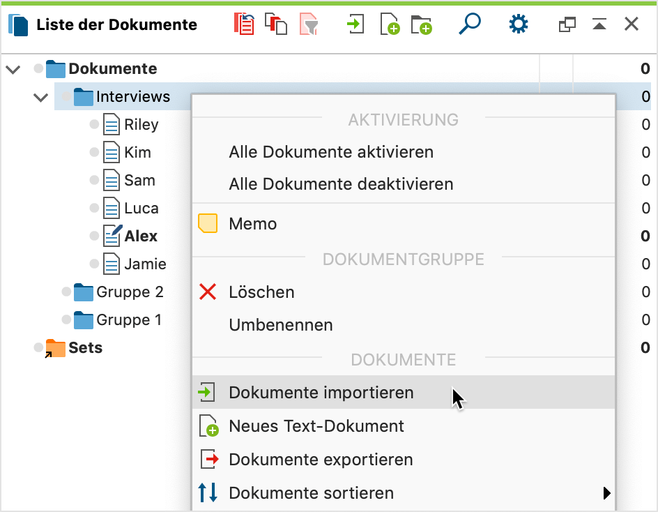 Dokumente importieren über das Kontextmenü einer Dokumentgruppe Dokumente importieren über das Kontextmenü einer Dokumentgruppe
