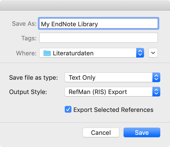 Export options Endnote