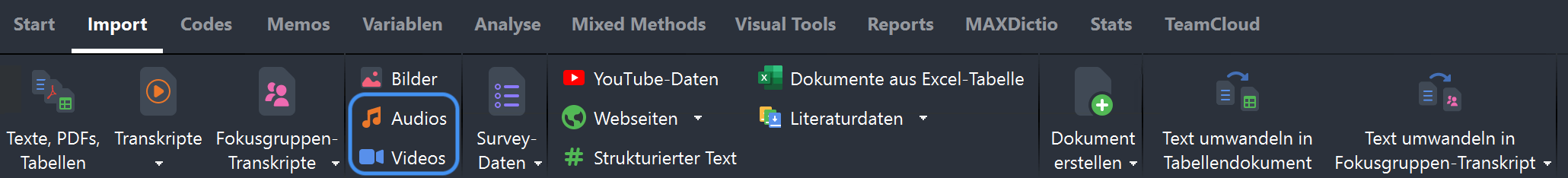 Datenimport über das Menü "Import" Datenimport über das Import-Menü