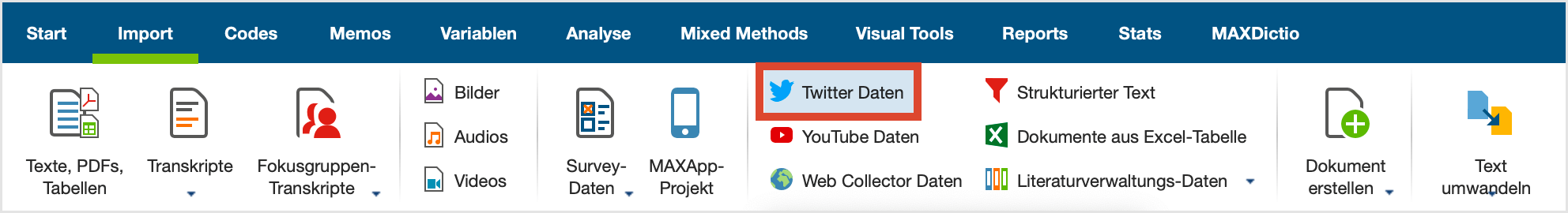 Import von Twitterdaten aufrufen