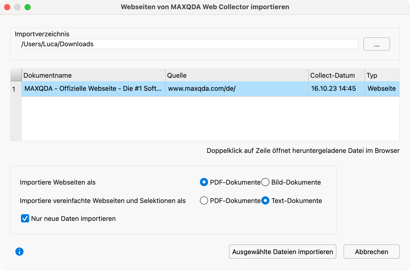 Dialog für den Import von Dokumenten, die mit dem Web Collector gespeichert wurden Dialog für den Import von Dokumenten, die mit dem Web Collector gespeichert wurden