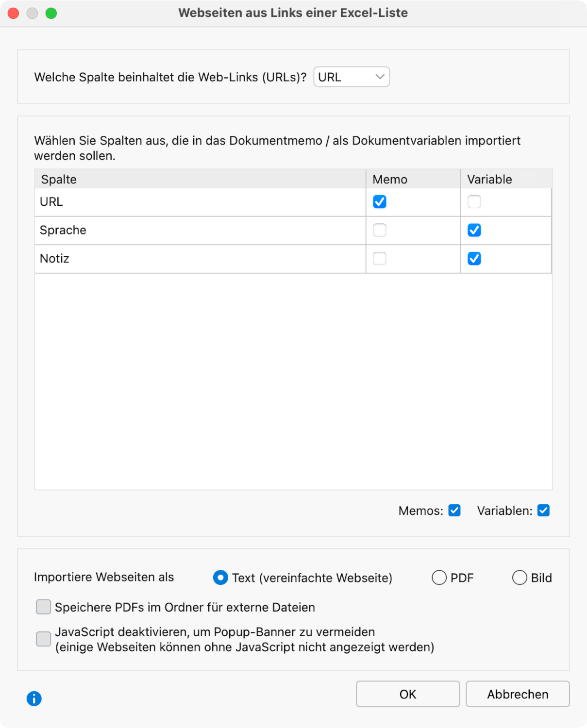Dialog für den Import von mehreren Webseiten per Excel-Liste Dialog für den Import von mehreren Webseiten per Excel-Liste