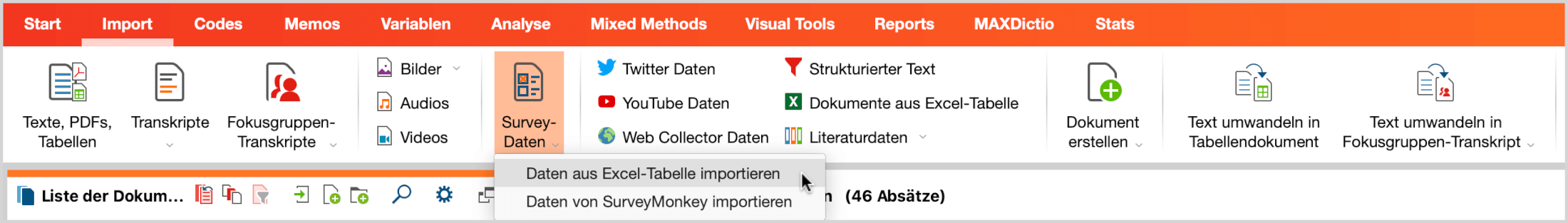 Import von Survey Daten auf dem Import Tab