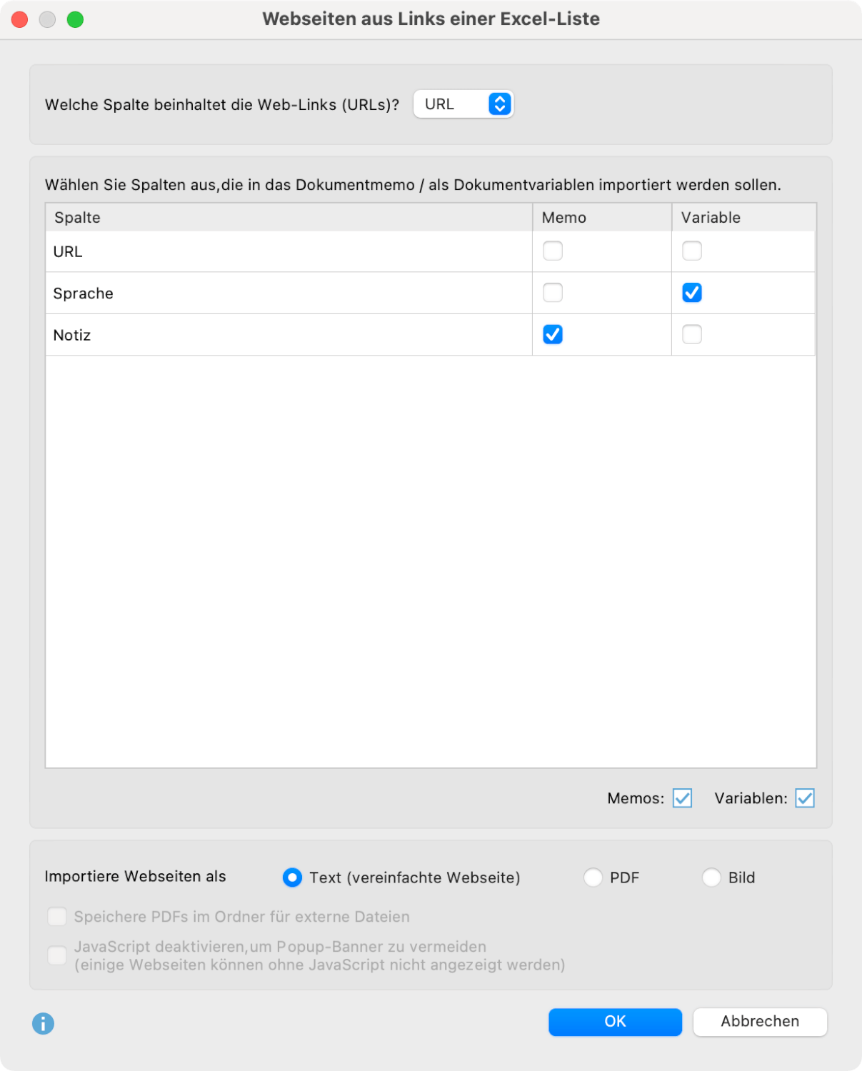 Dialog für den Import von mehreren Webseiten per Excel-Liste Dialog für den Import von mehreren Webseiten per Excel-Liste