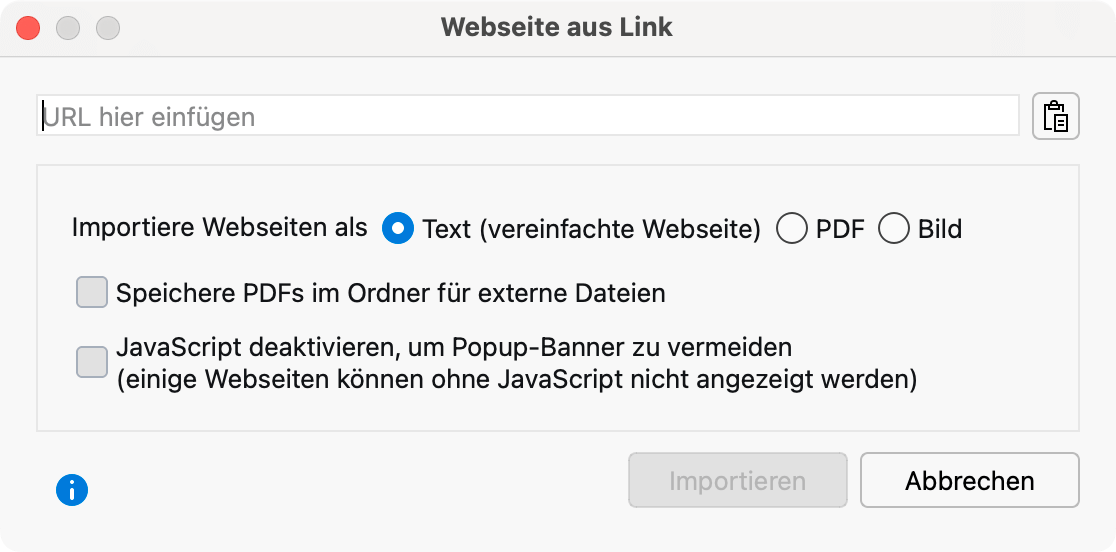 Dialog für den Import einer Webseite per Link Dialog für den Import einer Webseite per Link