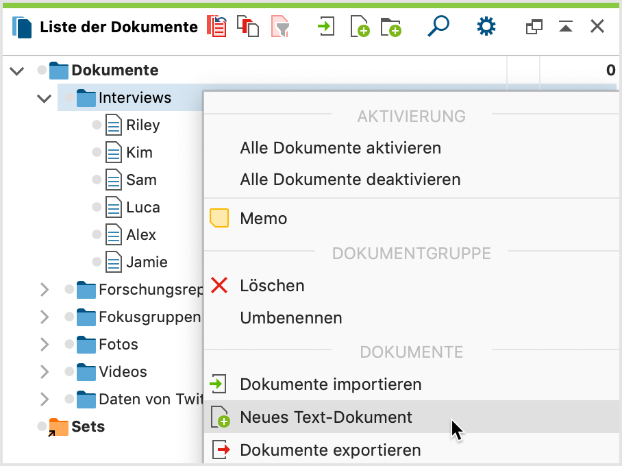 Neuen Text erstellen mit Hilfe des Kontextmenüs einer Dokumentgruppe Neuen Text erstellen mit Hilfe des Kontextmenüs einer Dokumentgruppe