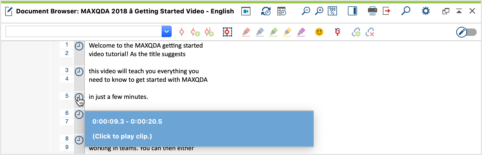 Importierte SRT-Datei im Dokument-Browser von MAXQDA Importierte SRT-Datei im Dokument-Browser von MAXQDA