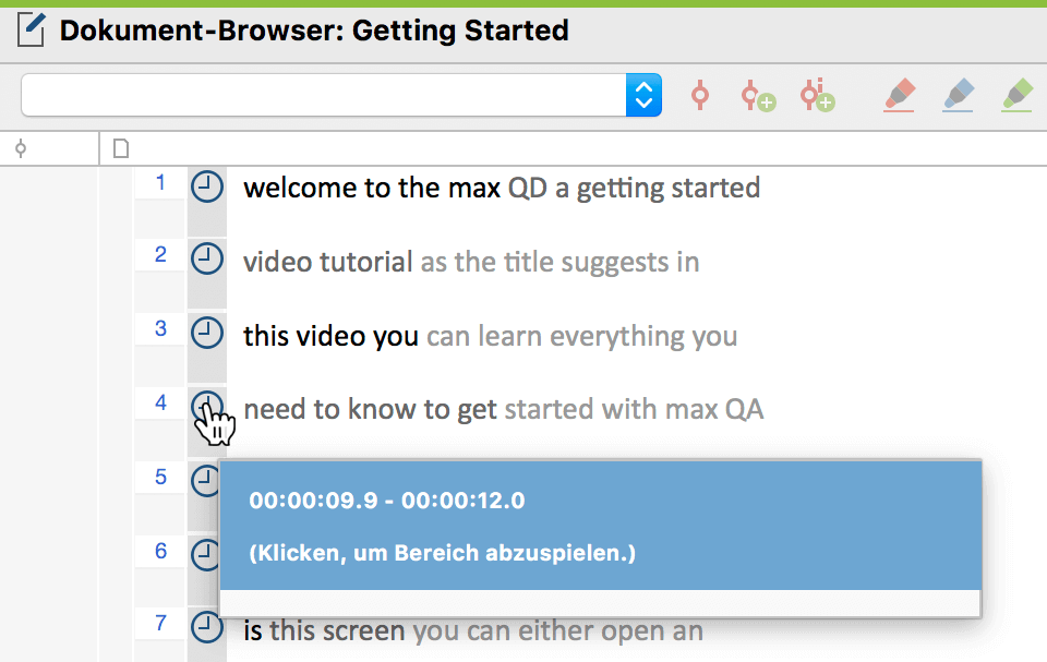 Importierte SRT-Datei im Dokument-Browser von MAXQDA