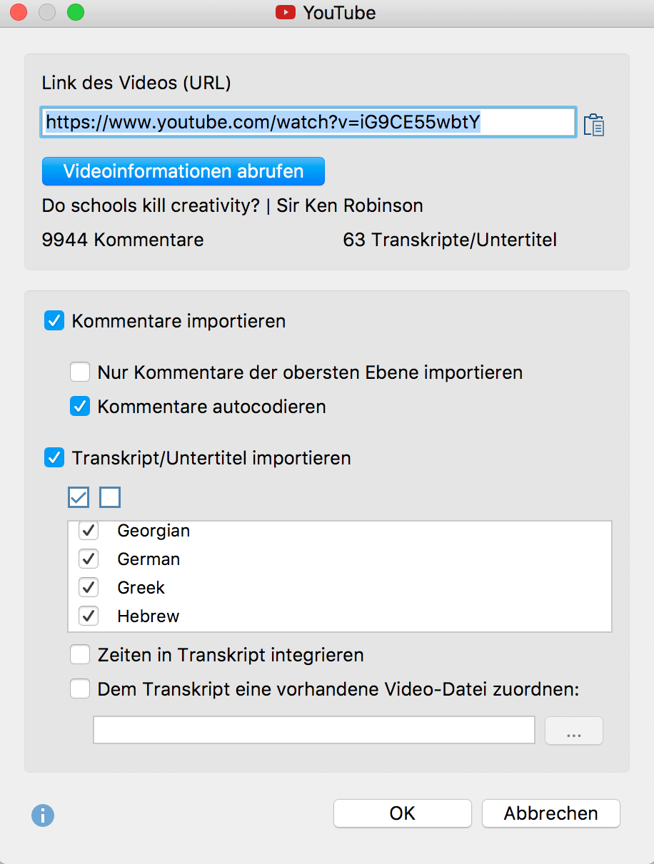 Dialog für den Import von YouTube-Daten Dialog für den Import von YouTube Daten