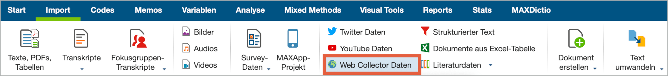 Import von Web Collector Daten auf dem Tab ‚Import‘ starten Import von Web Collector Daten auf dem Tab ‚Import‘ starten