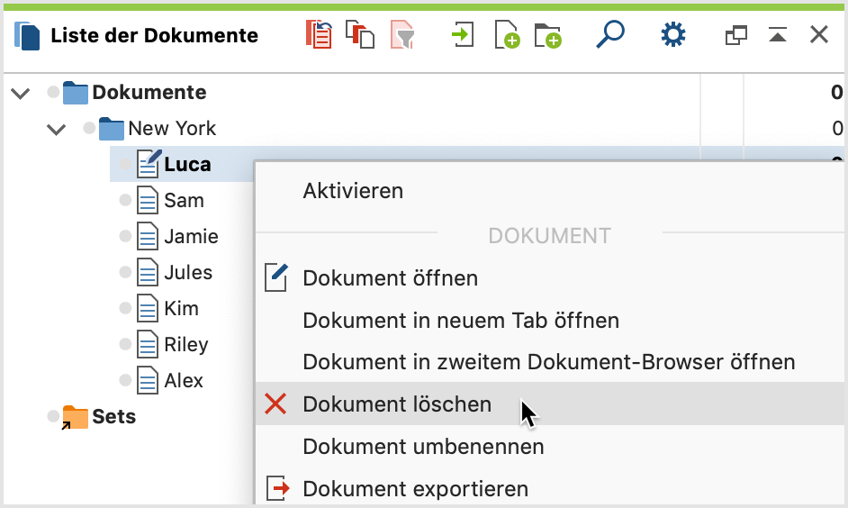 Kontextmenü für ein Dokument Kontextmenü für ein Dokument
