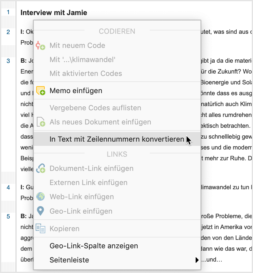 Funktion zum Umschalten in Zeilennummerierung aufrufen Funktion zum Umschalten in Zeilennummerierung aufrufen
