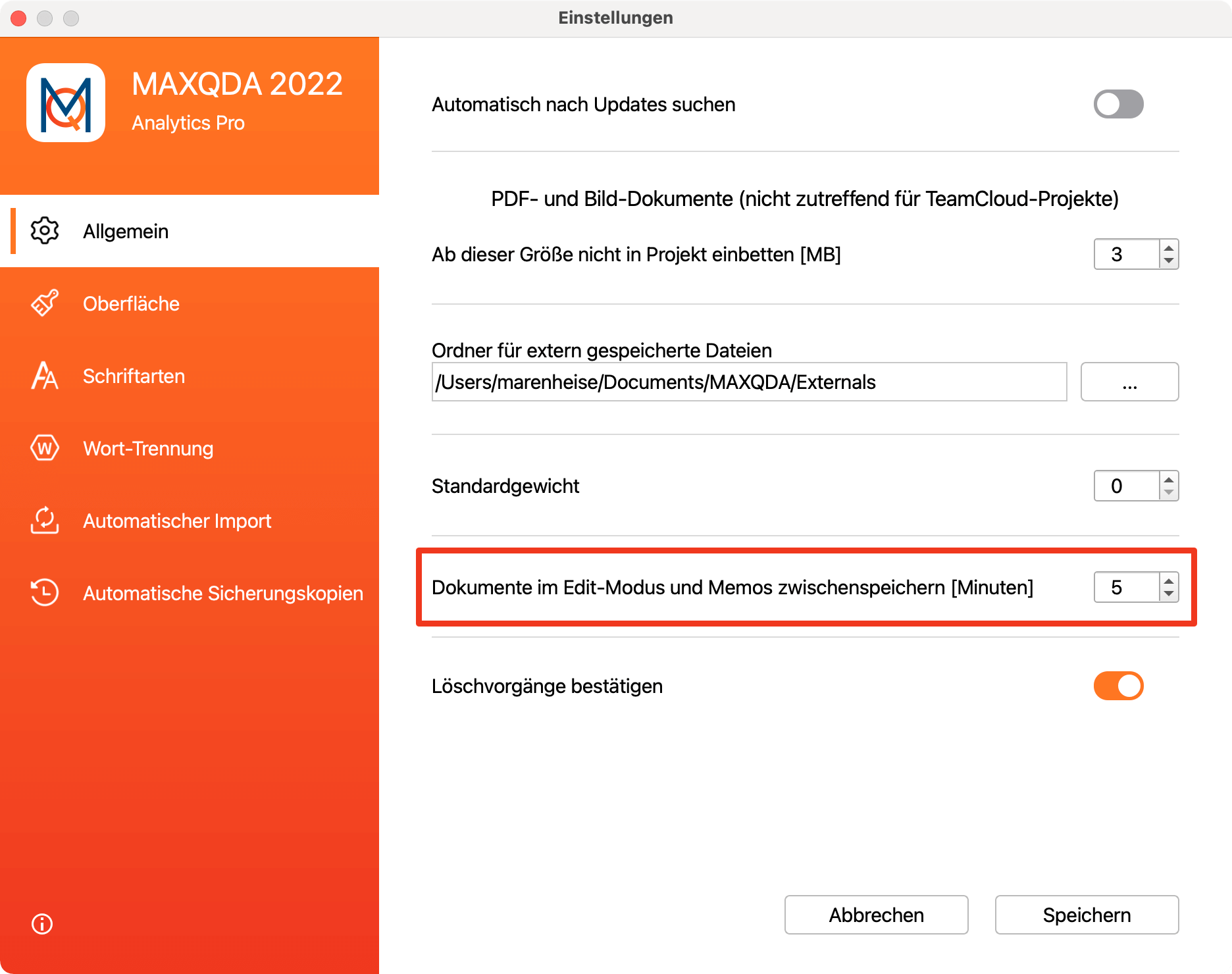 Zeit für das automatische Zwischenspeichern im Edit-Modus festlegen