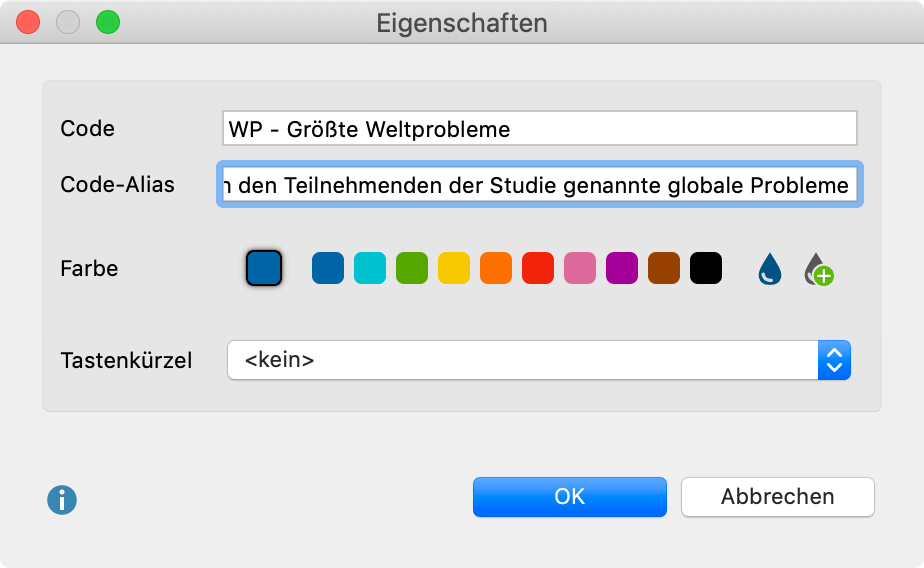 Code Alias für Code im Fenster „Code-Eigenschaften“ vergeben Code Alias für Code im Fenster „Code-Eigenschaften“ vergeben