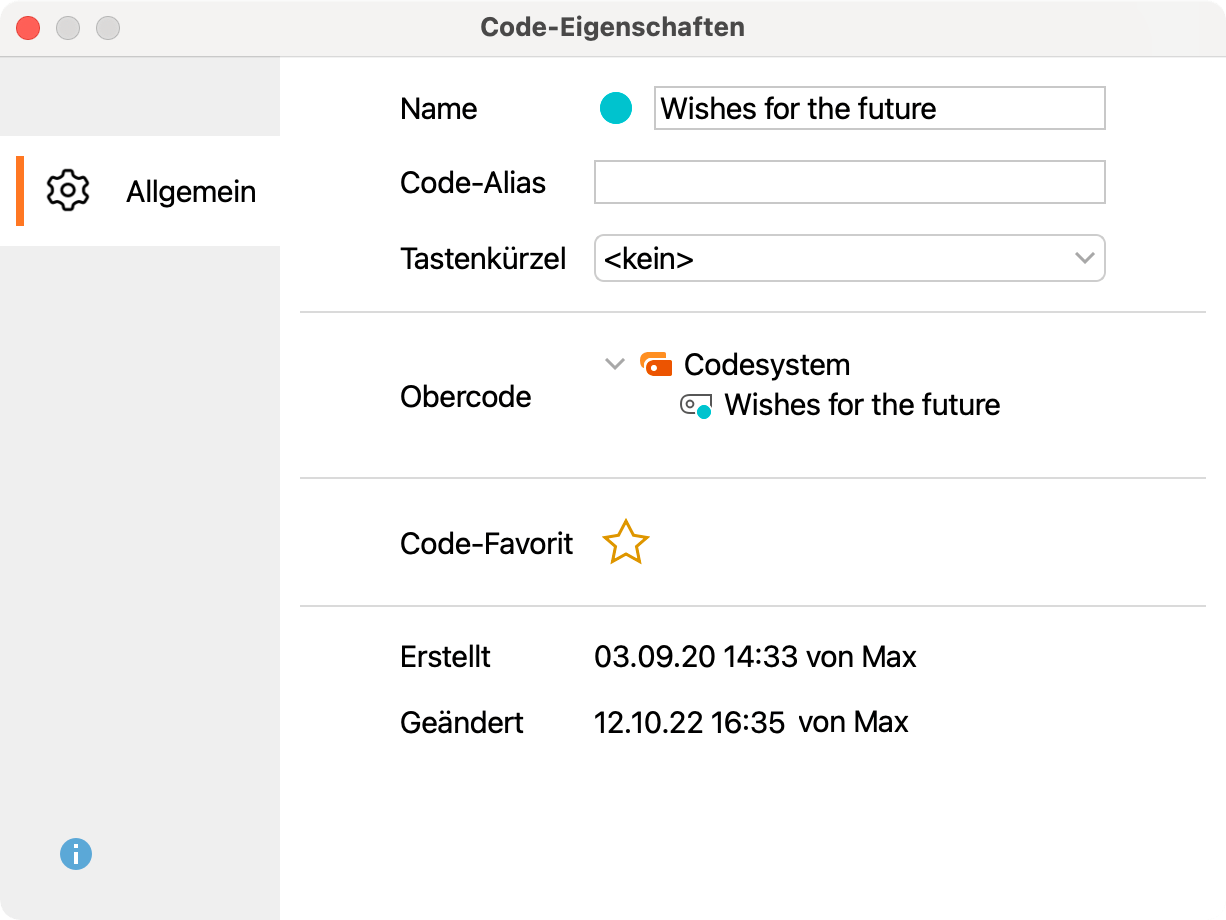 Eigenschaftsfenster für einen Code Eigenschaftsfenster für einen Code