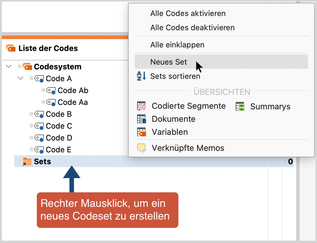 Neues Set erstellen in der „Liste der Codes“ Neues Set erstellen in der „Liste der Codes“