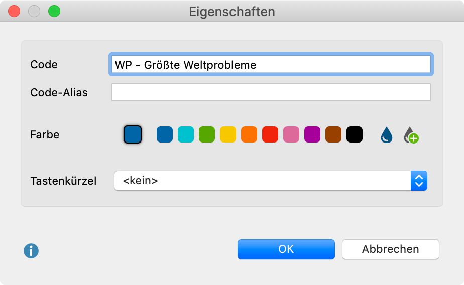 Eigenschaftsfenster für einen Code Eigenschaftsfenster für einen Code