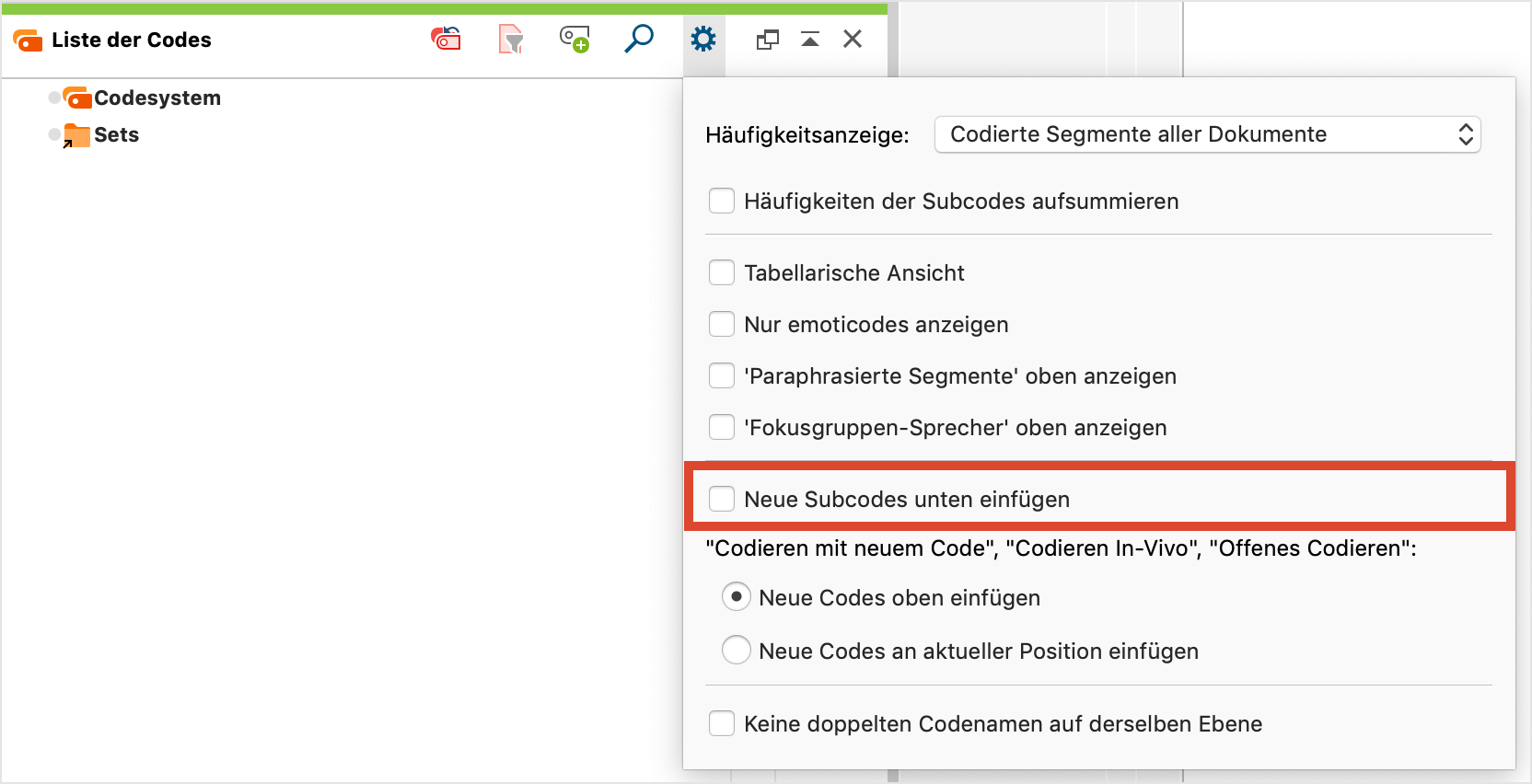 Einstellungen für das Fenster „Liste der Codes“ Einstellungen für das Fenster „Liste der Codes“