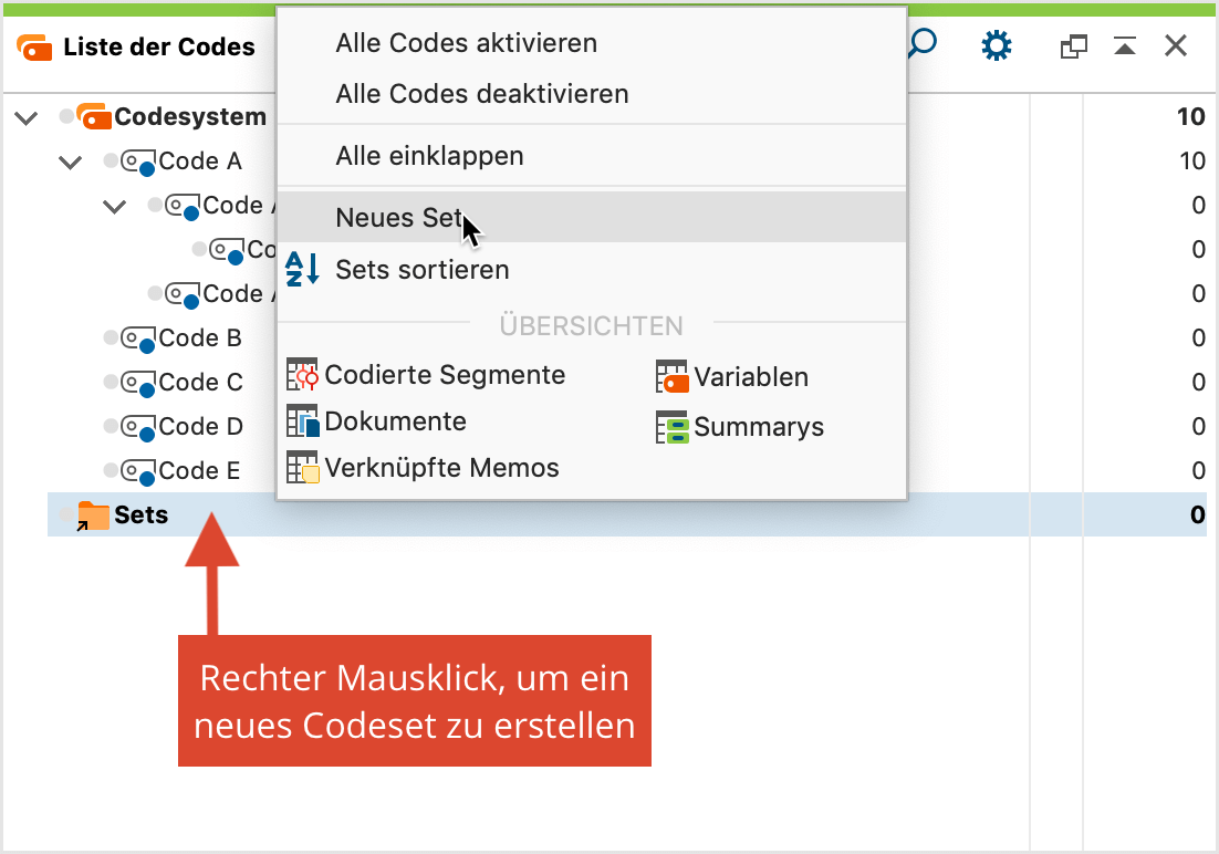 Neues Set erstellen in der „Liste der Codes“ Neues Set erstellen in der „Liste der Codes“