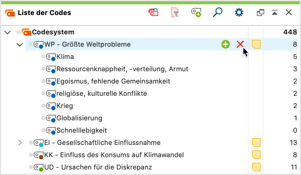 Code löschen mithilfe des Löschensymbols in der „Liste der Codes“ Code löschen mithilfe des Löschensymbols in der „Liste der Codes“
