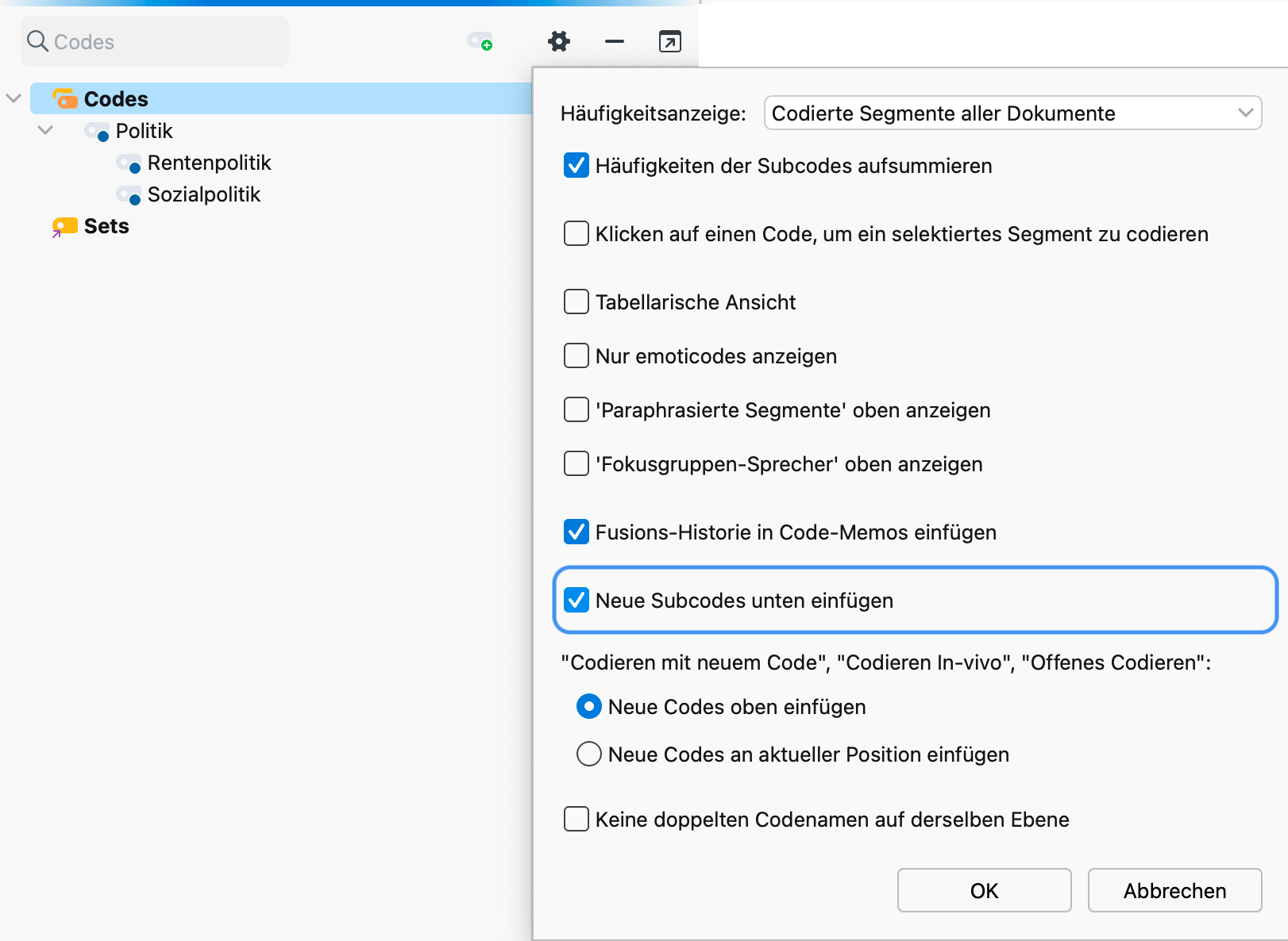 Einstellungen für das Codesystem Einstellungen für das Codesystem