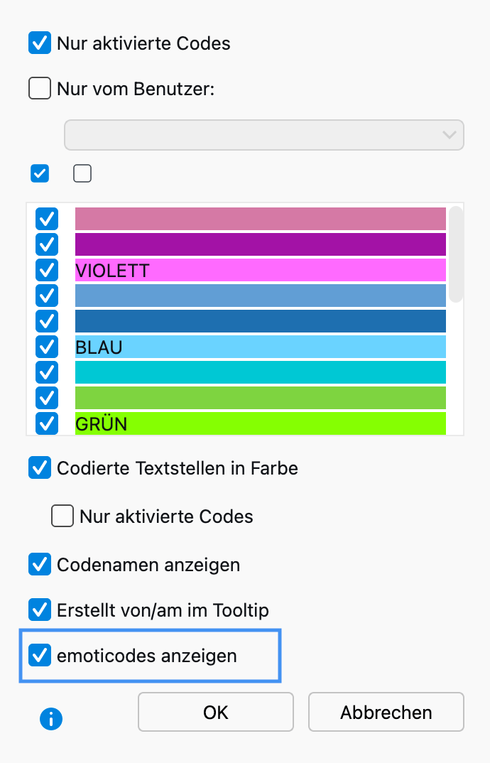 Auswahl, ob Codierstreifen für die emoticodes angezeigt werden sollen Auswahl, ob Codierstreifen für die emoticodes angezeigt werden sollen