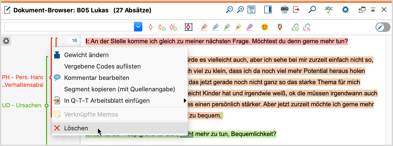 Rechtsklick auf Codierstreifen oder Codename um Codierung im Fenster „Dokument-Browser“ zu löschen“ Codierung löschen im Fenster „Dokument-Browser“
