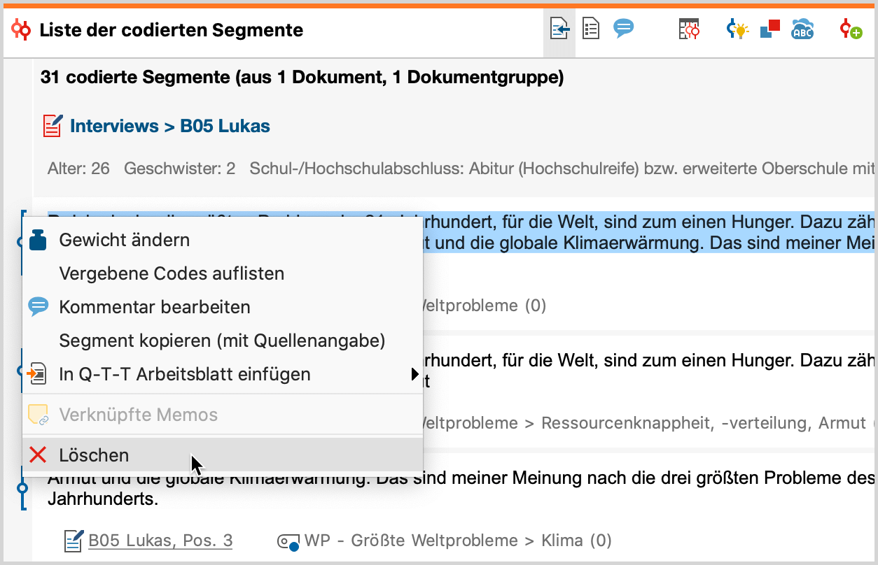 Codierung löschen im Fenster „Liste der codierten Segmente“ Codierung löschen im Fenster „Liste der codierten Segmente“