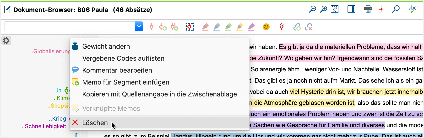 Rechtsklick auf Codierstreifen oder Codename um Codierung im Fenster „Dokument-Browser“ zu löschen“ Codierung löschen im Fenster „Dokument-Browser“