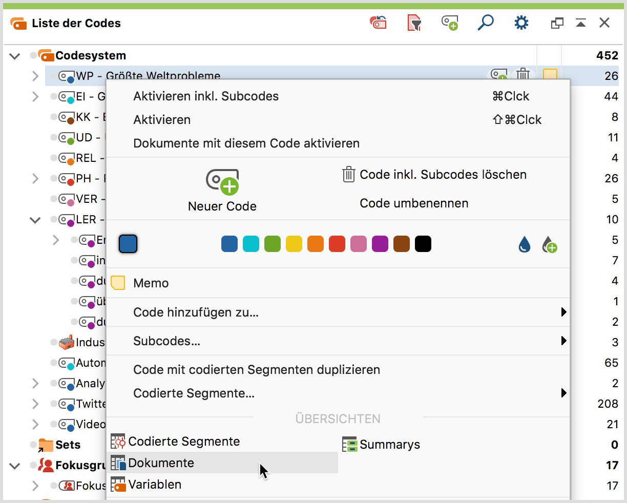 Die „Übersicht Dokumente“ im Kontextmenü der „Liste der Codes“ aufrufen Die „Übersicht Dokumente“ im Kontextmenü der „Liste der Codes“ aufrufen