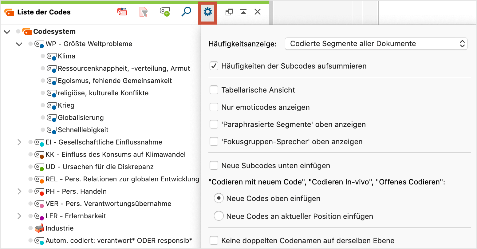Einstellungen für die „Liste der Codes“