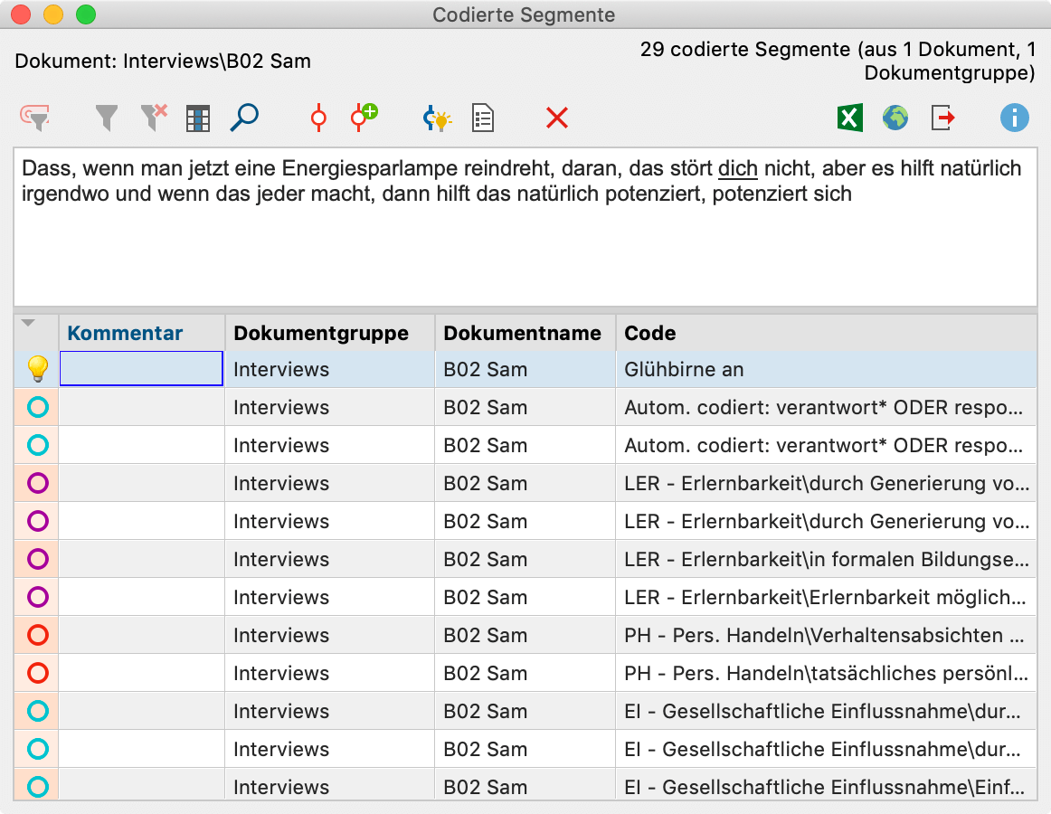 Emoticons in der tabellarischen „Übersicht codierte Segmente“ Emoticons in der „Liste der Codings“ und in der tabellarischen „Übersicht Codings“