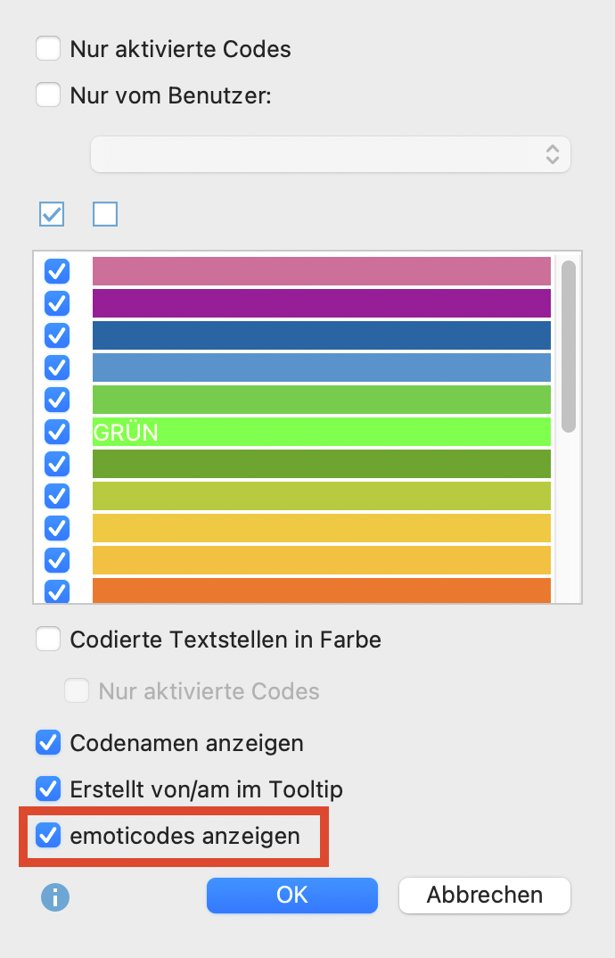 Auswahl, ob Codierstreifen für die emoticodes angezeigt werden sollen