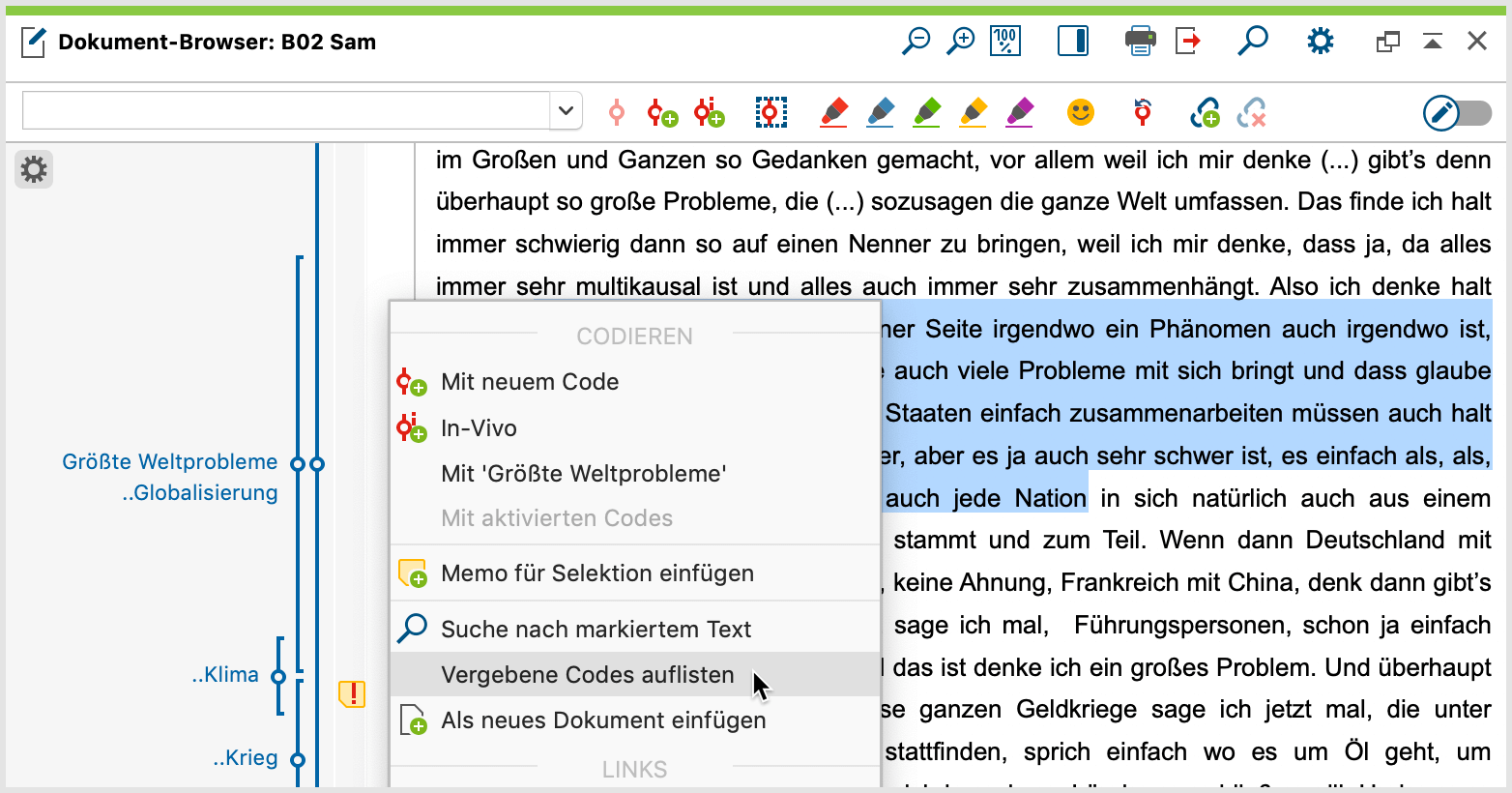 Funktion „Vergebene Codes auflisten“ im Kontextmenü eines markierten Textes Funktion „Vergebene Codes auflisten“ im Kontextmenü eines markierten Textes