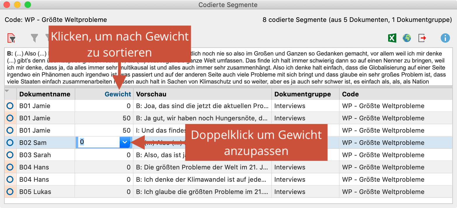 Gewicht in „Übersicht codierte Segmente“ ändern Gewicht in „Übersicht codierte Segmente“ ändern