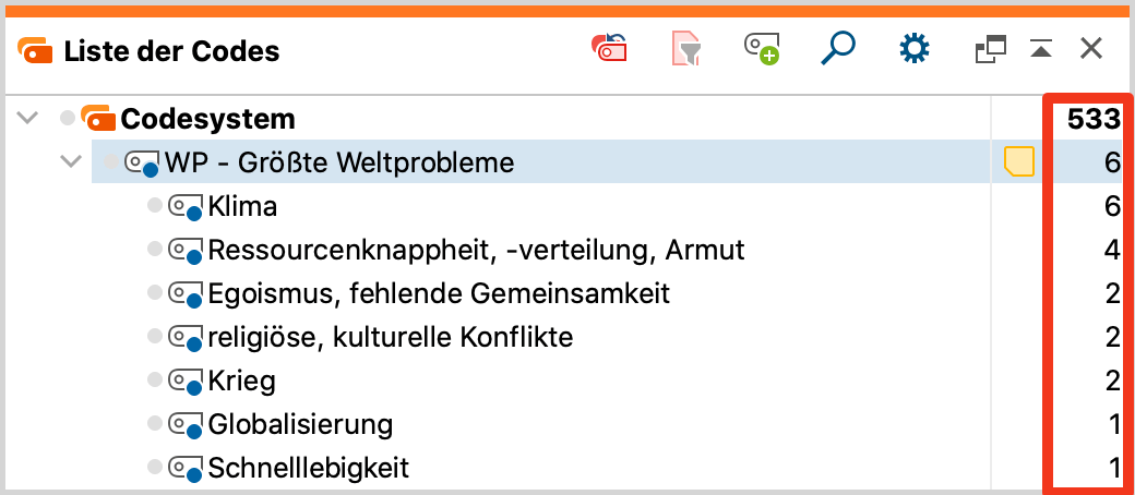 Information über die Anzahl codierter Segmente in der „Liste der Codes“