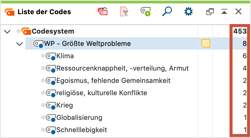 Information über die Anzahl codierter Segmente in der „Liste der Codes“ Information über die Anzahl codierter Segmente in der „Liste der Codes“