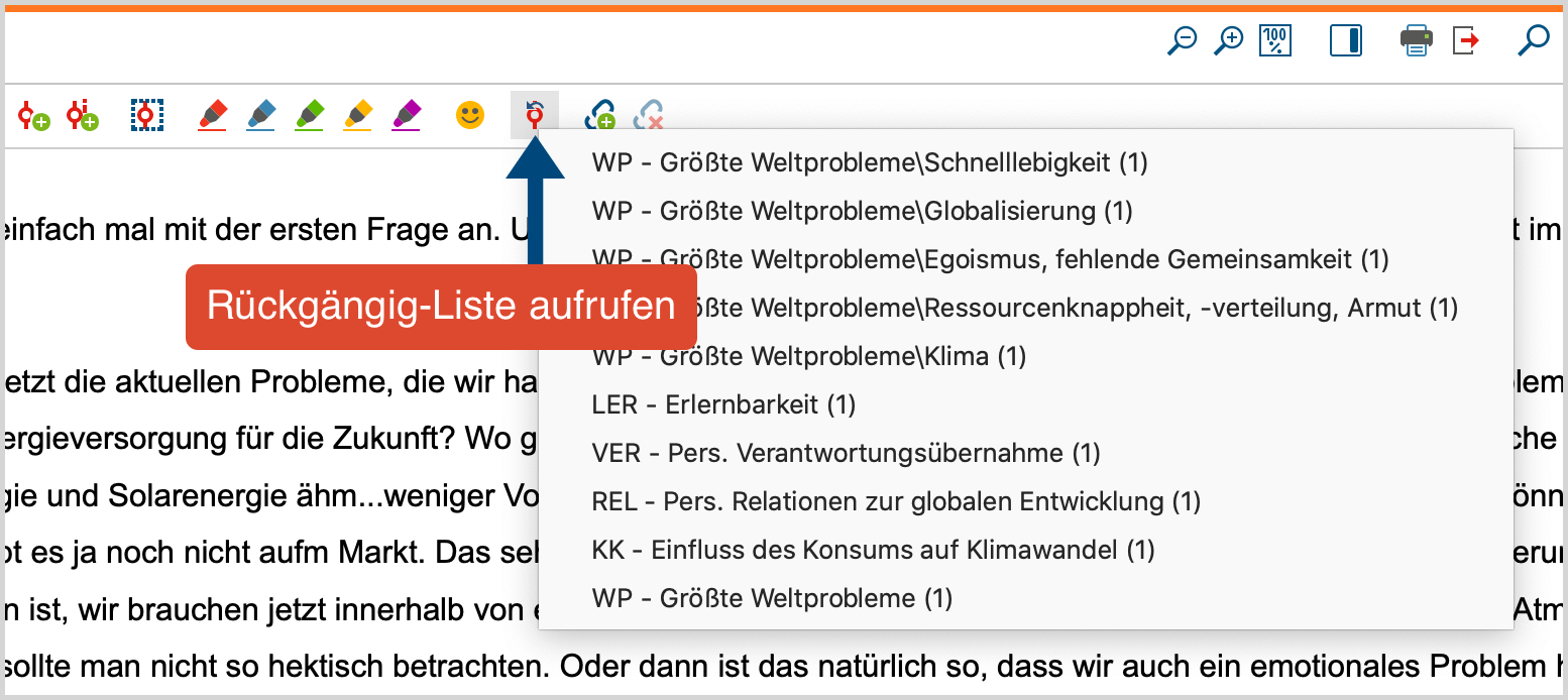 Rückgängig-Liste in der Symbolleiste Codieren Rückgängig-Liste in der Symbolleiste „Codieren“