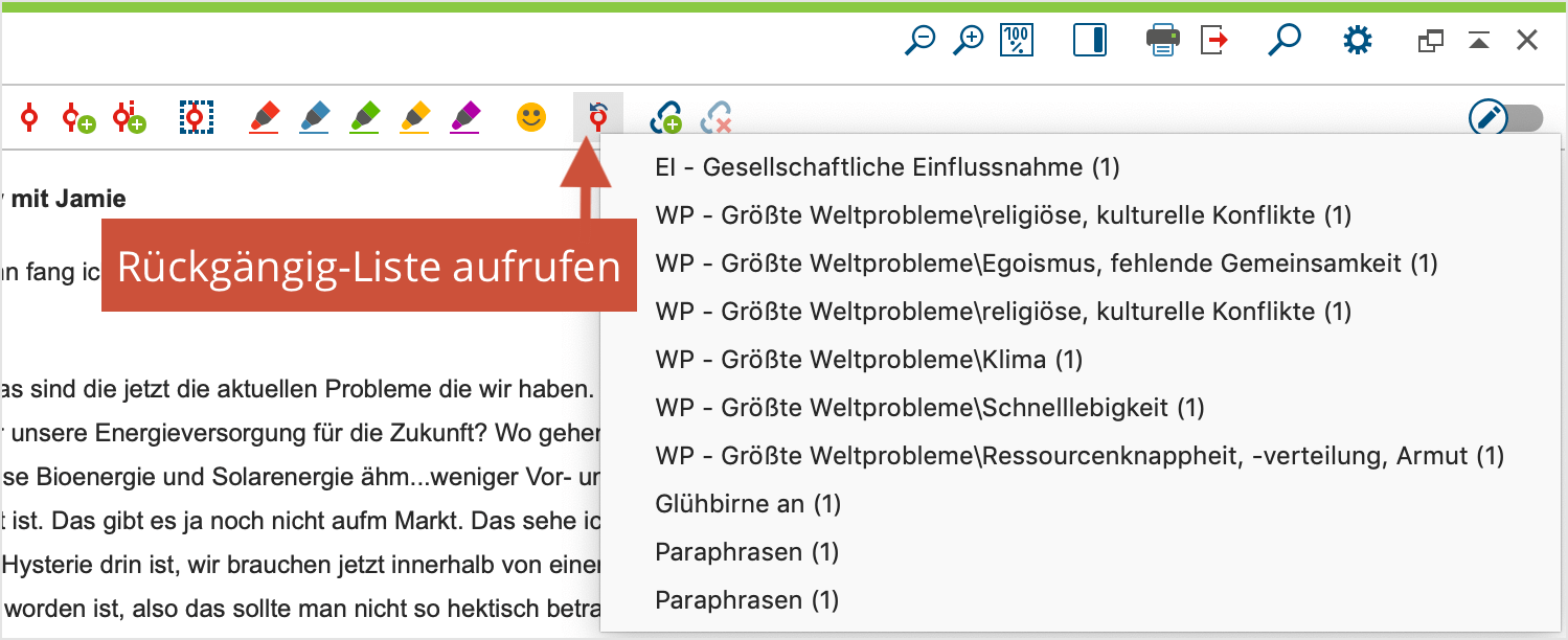 Rückgängig-Liste in der Symbolleiste „Codieren“
