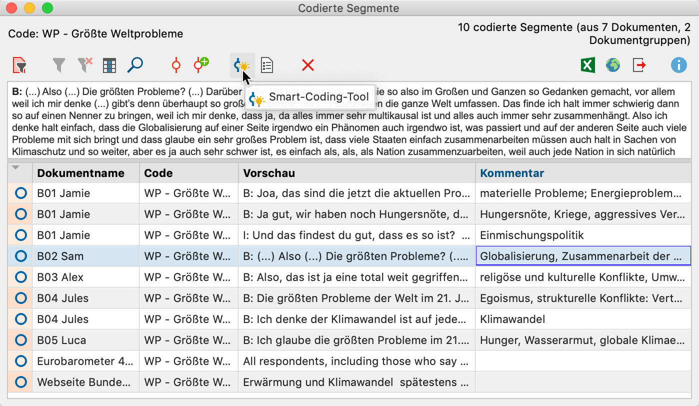 Das Smart-Coding-Tool aus der „Übersicht codierte Segmente“ öffnen Das Smart-Coding-Tool aus der „Übersicht Codings“ öffnen