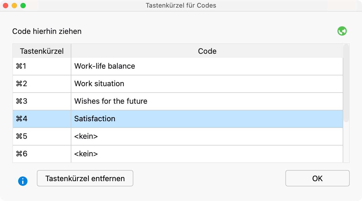 Das Fenster „Tastenkürzel für Codes“ Das Fenster „Tastenkürzel für Codes“