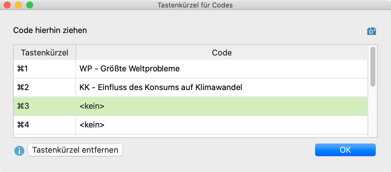 Das Fenster „Tastenkürzel für Codes“ Das Fenster „Tastenkürzel für Codes“
