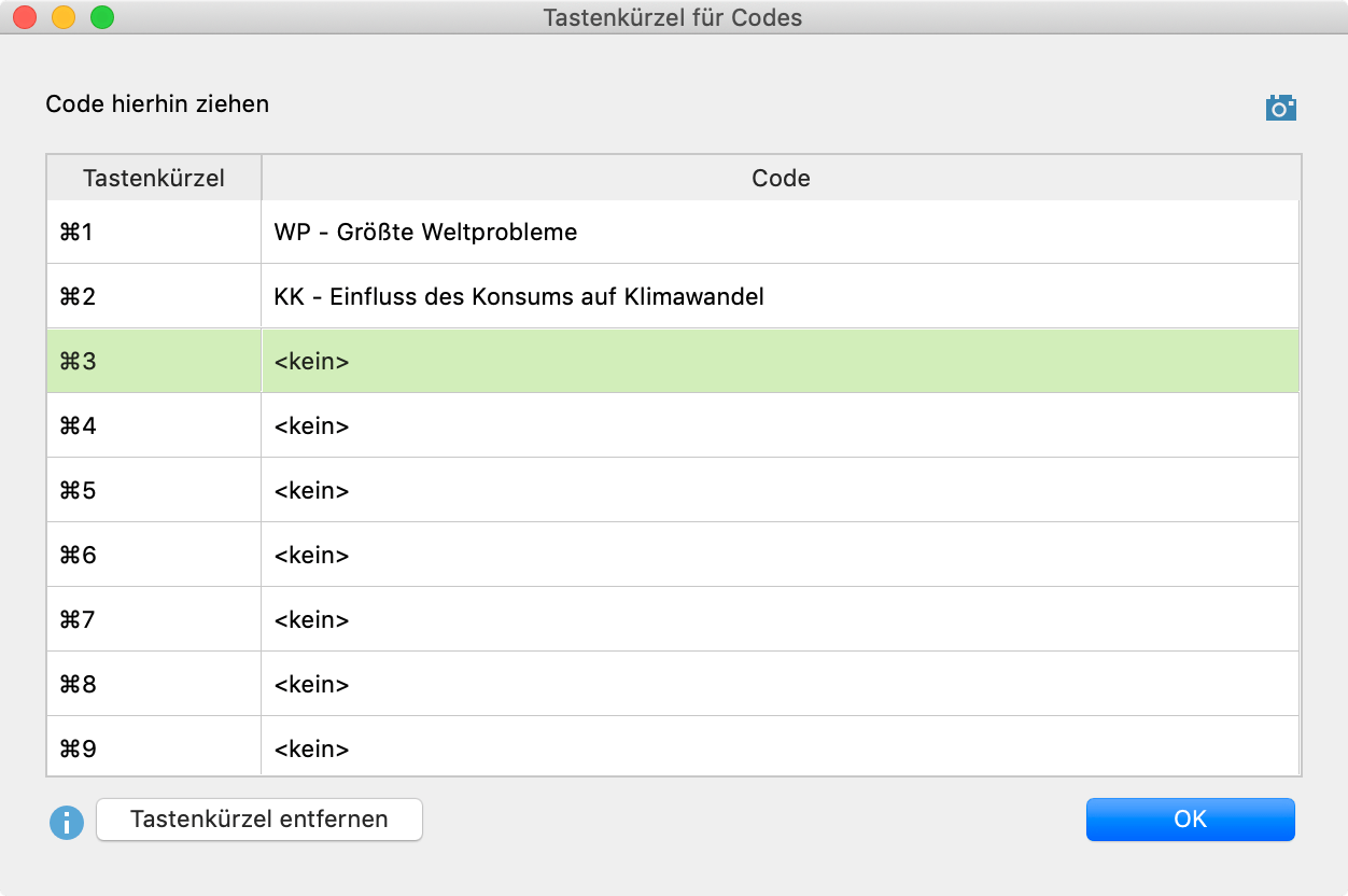 Das Fenster „Tastenkürzel für Codes“ Das Fenster „Tastenkürzel für Codes“