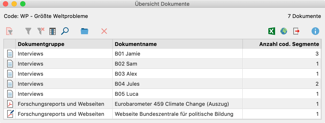 „Übersicht Dokumente“ für einen Code „Übersicht Dokumente“ für einen Code