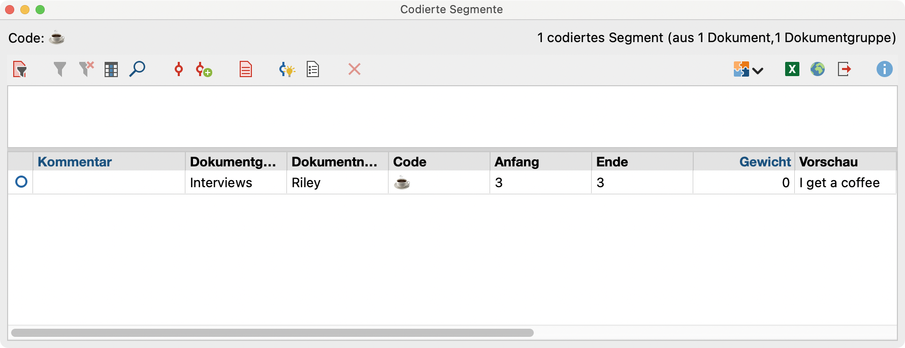 Emoticodes in der „Liste der codierten Segmente“ und in der „Übersicht codierte Segmente“