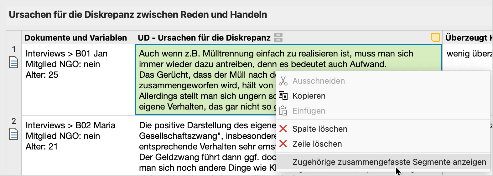 Zu einem Summary gehörende codierte Segmente zusammenstellen Interaktive Zellen der Summary-Tabelle