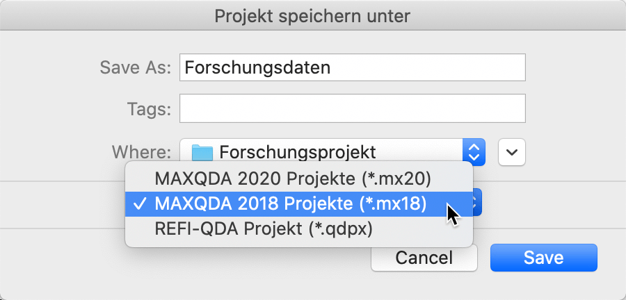 Dateityp zu MAXQDA 2018 Projekt ändern
