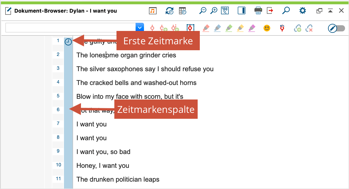 Importiertes Transkript mit zugeordneter Media-Datei im „Dokument-Browser“ Importiertes Transkript mit zugeordneter Media-Datei im „Dokument-Browser“