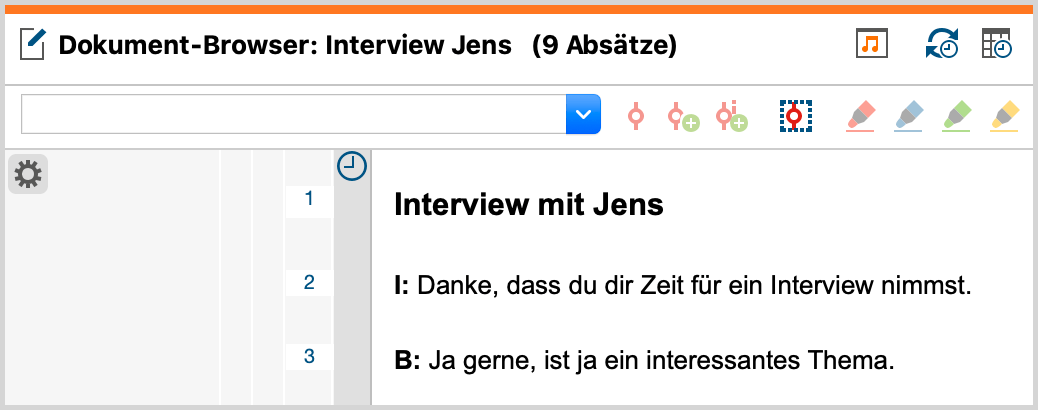 Zeitmarkenspalte links neben dem Transkript im „Dokument-Browser“